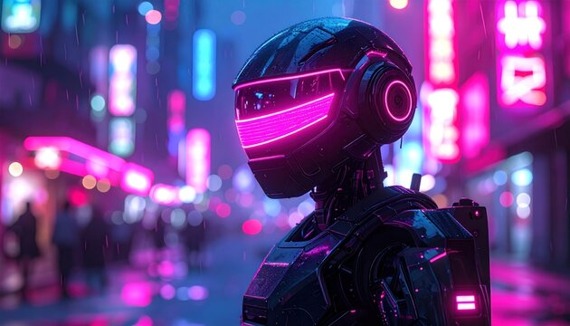 Futuristic cyberpunk city landscape with neon lights and a robot character
