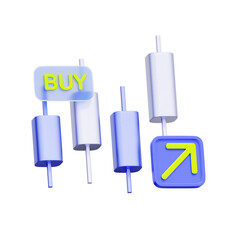 3D icon of a candlestick chart with a BUY button and UP arrow icon For executing stock buy orders, indicating bullish market signals, entering long positions, and online trading.