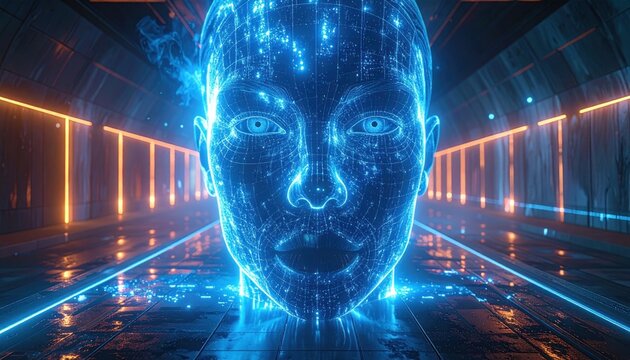 Futuristic human face constructed from digital elements in a tunnel background