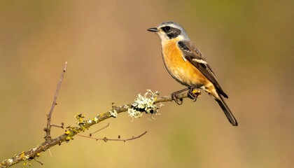 Fototapeta premium Close up of a small stonechat bird perched on a lichen-covered branch with soft natural outdoor light highlighting its orange and brown plumage against a blurred earthy background