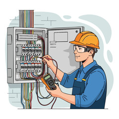 A cheerful electrician wearing a safety helmet is shown meticulously testing an electrical panel with a multimeter, ensuring safety and functionality in the system.