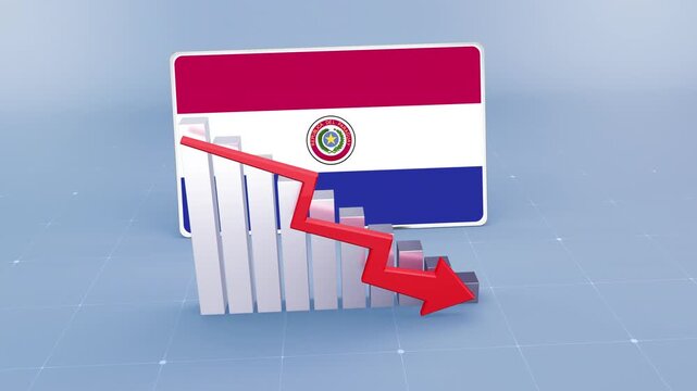 Paraguay Flag and Bar Chart Graph Showing Decreasing Values a Red Arrow Economic Crisis Concept
