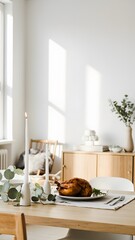 A beautifully set Thanksgiving table with a roasted turkey, embodying festive dining and good table manners, perfect for a holiday meme