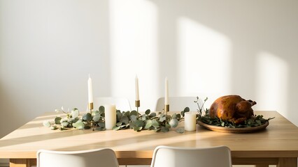 Festive table with golden roasted bird, elegant candles, and garland, ideal for thanksgiving table manner. This warm setting inspires a joyful day meme or a charming turkey funny anecdote
