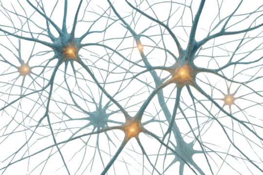 Human brain neurons creating connections and transmitting electrical impulses, forming a complex neural network, on transparent background