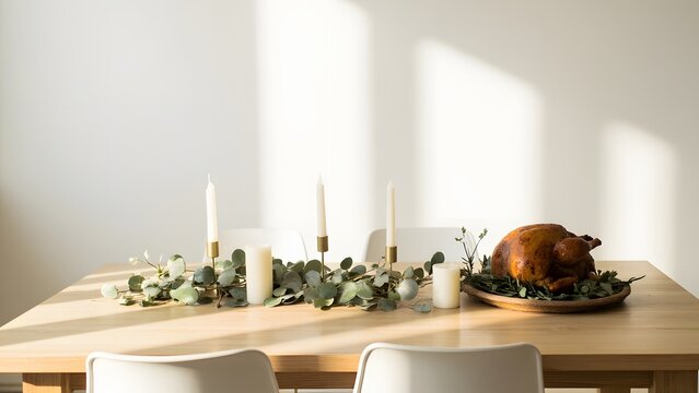 Festive table with golden roasted bird, elegant candles, and garland, ideal for thanksgiving table manner. This warm setting inspires a joyful day meme or a charming turkey funny anecdote