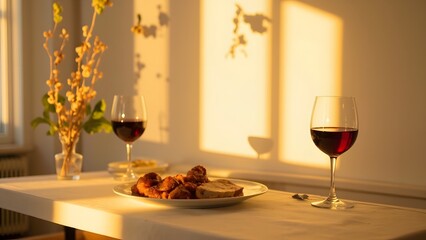 Enjoying a romantic dinner at home, forgetting the formal thanksgiving table manner and sharing a funny turkey day meme in the golden sunset light