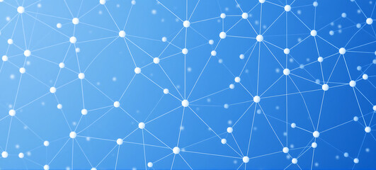 The image presents a scene with a blue background, adorned with numerous nodes connected by white lines, forming an intricate network structure