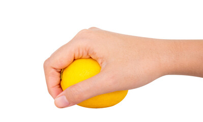 hand holding a yellow lemon isolated on white