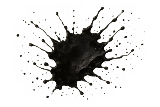 Black liquid splat bursting outwards, forming an abstract paint stain with scattered droplets, isolated on a transparent background