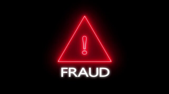 Exclamation mark warning symbol inside triangle frame with text fraud on black background alert