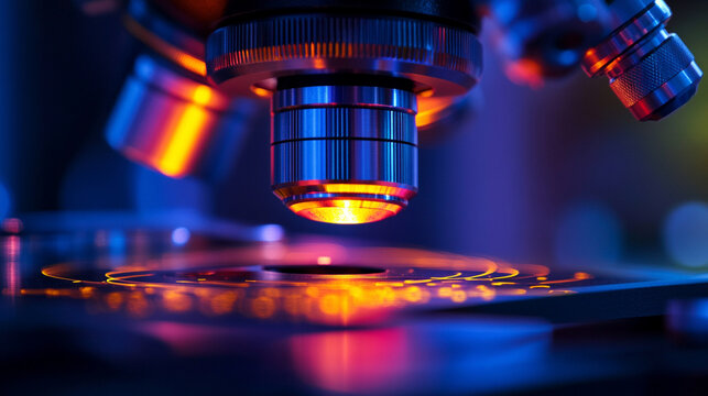 A highly detailed microscope lens illuminated with focused light, showcasing the precision optics and reflective surfaces. The image emphasizes scientific research, laboratory equipment, and technolog