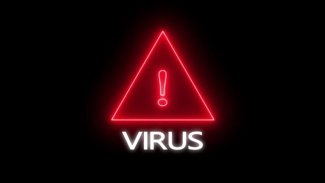 Exclamation mark warning symbol inside triangle frame with text virus on black background alert