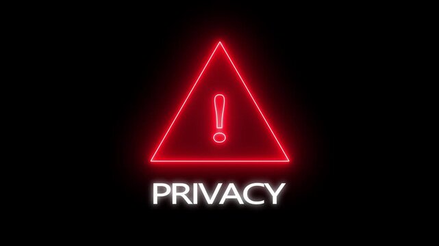 Exclamation mark warning symbol inside triangle frame with text privacy on black background alert