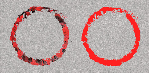 Distressed Red Grunge Circles on Grainy Grey Texture Background