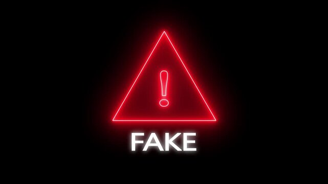 neon warning triangle symbol with exclamation mark and word FAKE on black background alert danger
