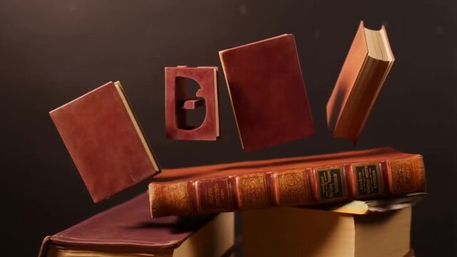 Floating Antique Books Collection Over Wooden Desk in Warm Lighting, Perfect for Literary Themes and Vintage Aesthetic Collections, 170 Characters