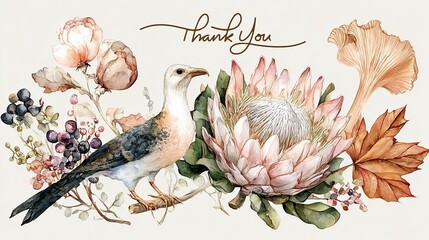 A Watercolor Delight: A beautifully illustrated watercolor composition, depicting a captivating arrangement with a striking bird, exotic flower and the words Thank You.