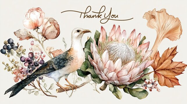 A Watercolor Delight: A beautifully illustrated watercolor composition, depicting a captivating arrangement with a striking bird, exotic flower and the words Thank You.