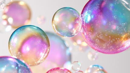 Closeup of iridescent soap bubbles floating on a white background.