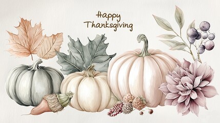 Thanksgiving Still Life: A seasonal display of pumpkins, autumn leaves, and floral elements evokes a warm, inviting feel, perfect for celebrating the spirit of the holiday season.