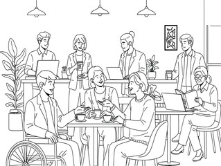 Diverse People Vector Illustration – Inclusive Group in Casual Settings with Clean Lines