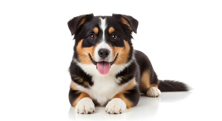 Playful Dog Lying Down, Indoor Studio Setting, Pet Photography, Happy Environment, Close-Up View, Adorable Canine Concept