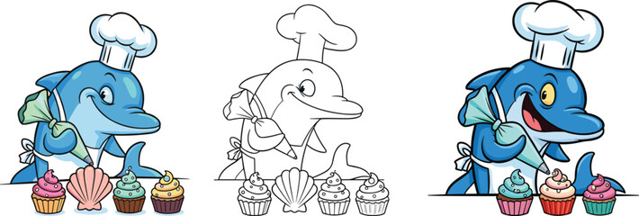 Cute dolphin chef decorating cupcakes with icing, funny marine baker illustration, creative ocean animal art, sweet dessert concept, cartoon vector design