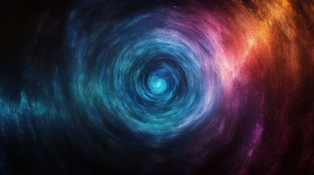 Abstract cosmic spiral vortex with vibrant blue, purple, and orange hues creating a sense of depth and swirling motion in space - Powered by Adobe