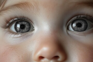 Close-up view of a young child's face focusing on large, bright gray eyes and fine eyelashes, depicting innocence and curiosity
