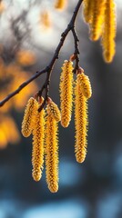 Naklejka premium Close-up of yellow catkins hanging from bare tree branches in soft natural light with blurred background