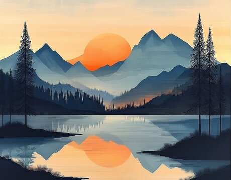 Peaceful sunset over a mountain range reflected in a calm lake surrounded by tall pine trees and misty hills creating a serene and tranquil atmosphere