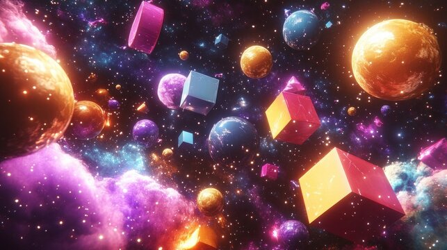Colorful glowing spheres and cubes floating in vibrant cosmic space filled with stars and nebulae, creating a surreal and dynamic outer space scene