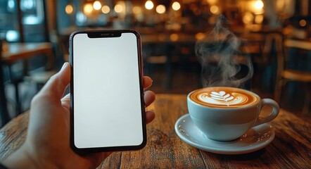 Hand holding smartphone with blank screen next to a steaming cup of latte art coffee on wooden table in cozy cafe