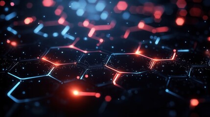 Glowing futuristic hexagonal grid with red and blue light accents creating a digital high-tech atmosphere