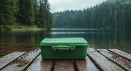 Green lunchbox on wooden dock overlooking calm lake surrounded by dense evergreen forest under cloudy sky