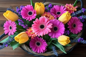 Colorful floral arrangement featuring pink gerbera daisies, yellow tulips, orange marigolds, and small purple flowers in a woven basket on a wooden surface
