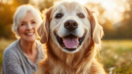happy golden retriever dog sitting outdoors with smiling elderly woman in soft golden sunlight