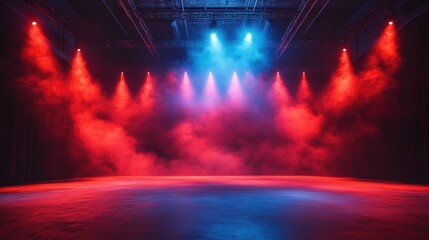 Fototapeta premium Empty stage illuminated with dramatic red and blue stage lights and smoky atmospheric effects creating a vibrant moody ambiance
