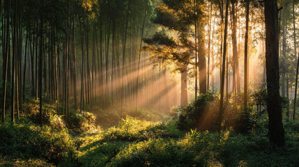 Fototapeta premium A serene and atmospheric scene of a dense bamboo forest gently veiled in morning mist, bathed in the soft golden light of sunrise. The mist weaves through the tall bamboo stalks, creating a tranquil, 