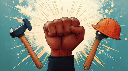 Raised clenched fist symbolizing strength and solidarity flanked by a hammer on the left and a construction helmet on a wrench on the right, set against a radiant background