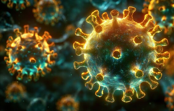 Close-up visualization of spherical virus particles with spike proteins glowing in blue and orange colors against a dark background