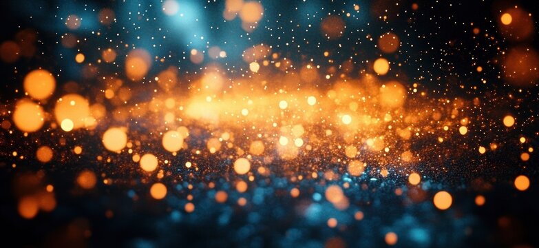 Abstract image of glowing orange and blue bokeh lights creating a sparkling, magical atmosphere with scattered light particles