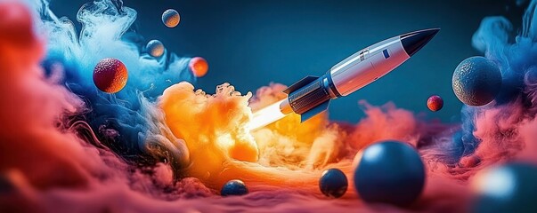 Silver rocket blasting off into a colorful cloud of orange and blue smoke surrounded by floating textured spheres in a surreal cosmic environment