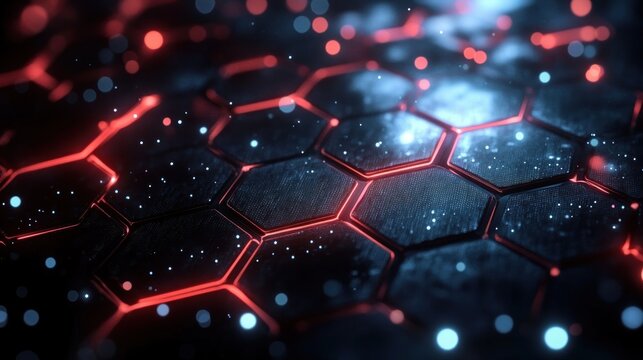 Close-up of futuristic hexagonal grid with glowing red edges and scattered white light particles creating a high-tech digital atmosphere