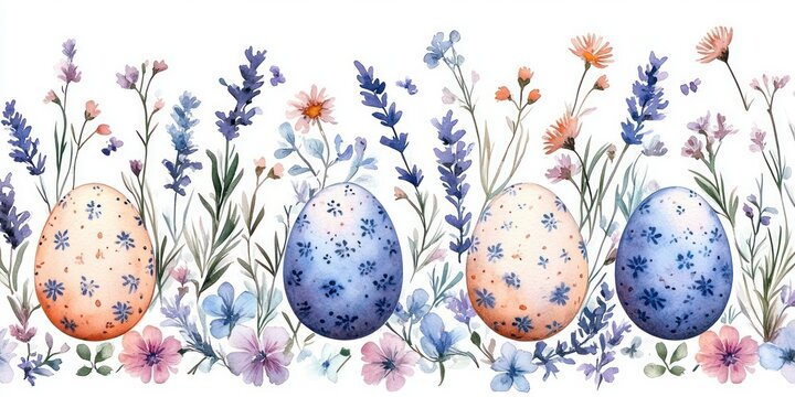 Four decorated pastel-colored eggs with floral patterns surrounded by delicate wildflowers and greenery on a white background, evoking springtime freshness and calm
