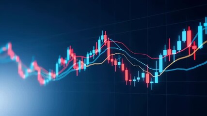 A blue candlestick chart finance analysis market trend price action stock graph trading screen data visualization rising line volatility investment insight with dynamic mood and moving indicators - Powered by Adobe