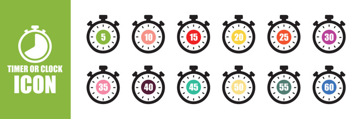 Vibrant Stopwatch Timer Icons. Set of timer clock faces and stopwatch icons. Vector Illustration