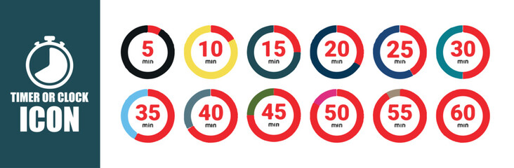 Bold Color Timer Icon Set for Minutes. Timer clock, stopwatch set icons with different time. Label cooking symbols. Vector eps 10