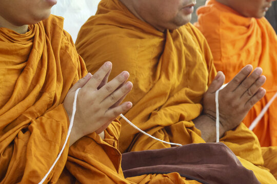 Serene group of Buddhist monks in orange robes in prayer during religious ceremony. Their hands show gesture of devotion, holding sacred white string for blessing